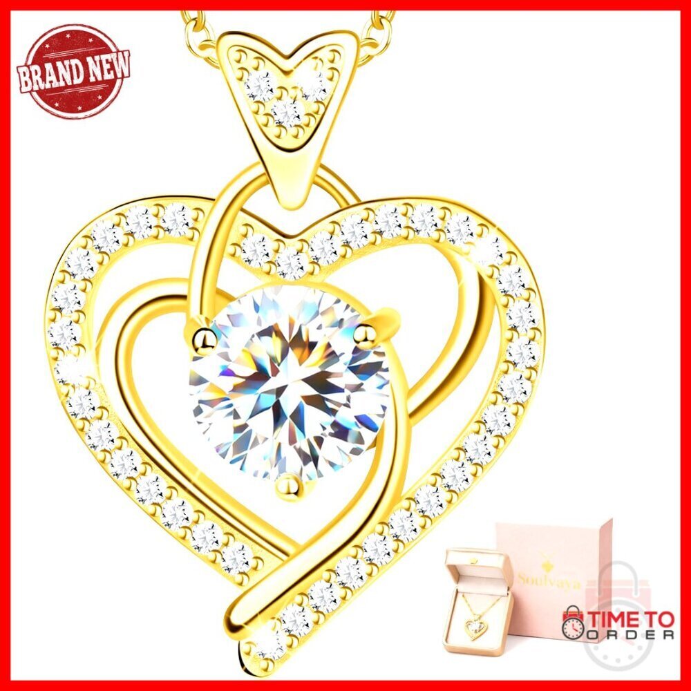 Moissanite Heart Pendant Necklace, 14K Gold Plated, 3 Carat, Gift Box